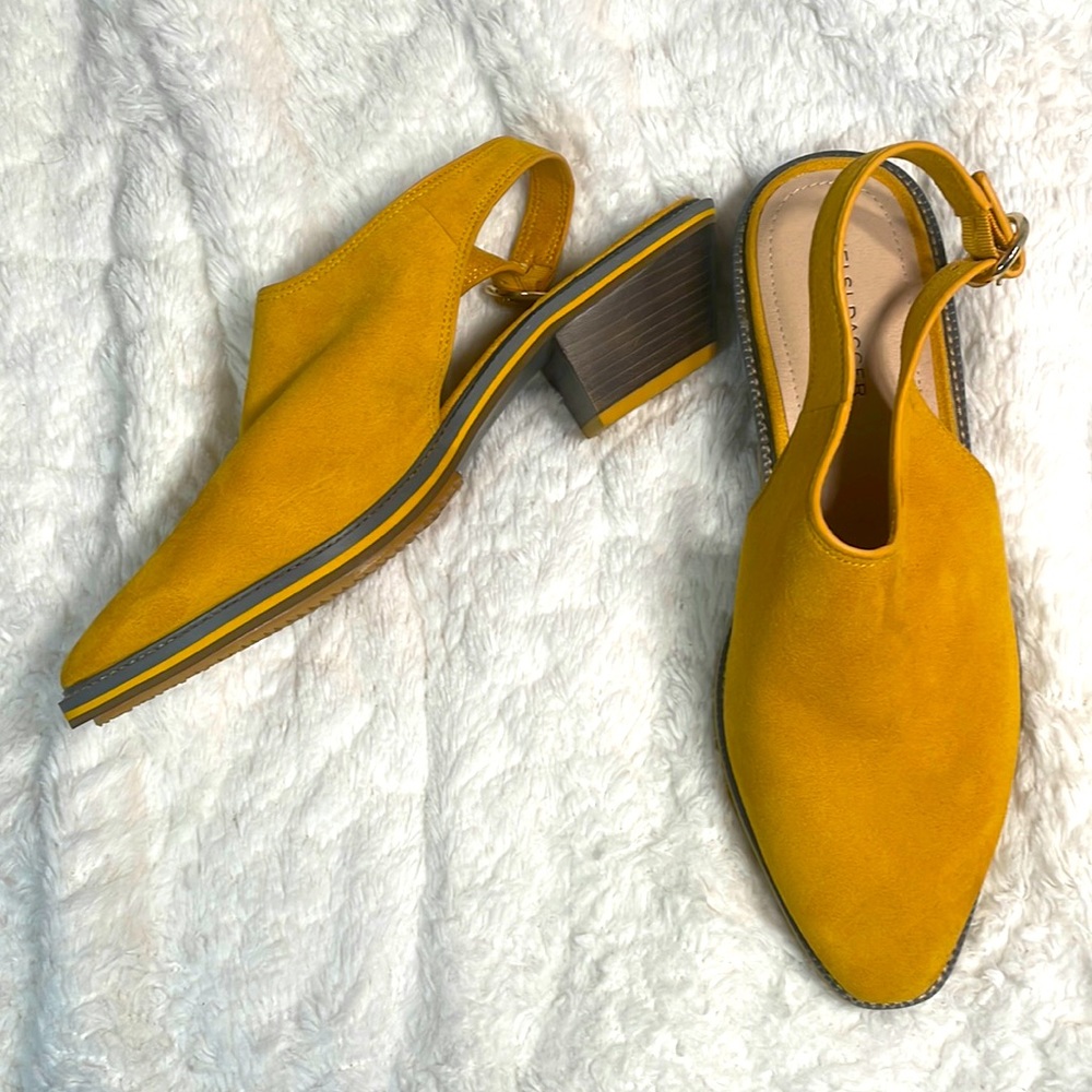 Kelsi Dagger mustard yellow 2” stacked heel bootie-style, suede, size 10